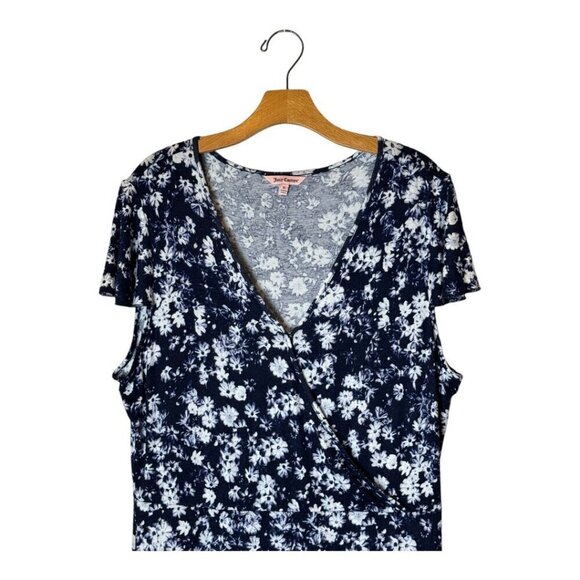Juicy Couture Dress Women XL Blue White Floral Print Faux Wrap Midi Retro Boho‎ - Picture 4 of 11